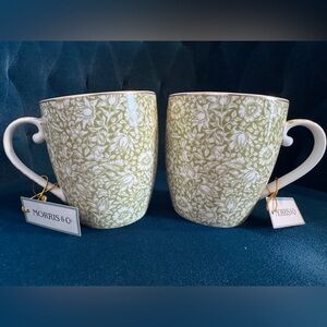 Morris & Co. Set of 2 Premium Porcelain Blue and Gold Lined Floral Coffee Mugs